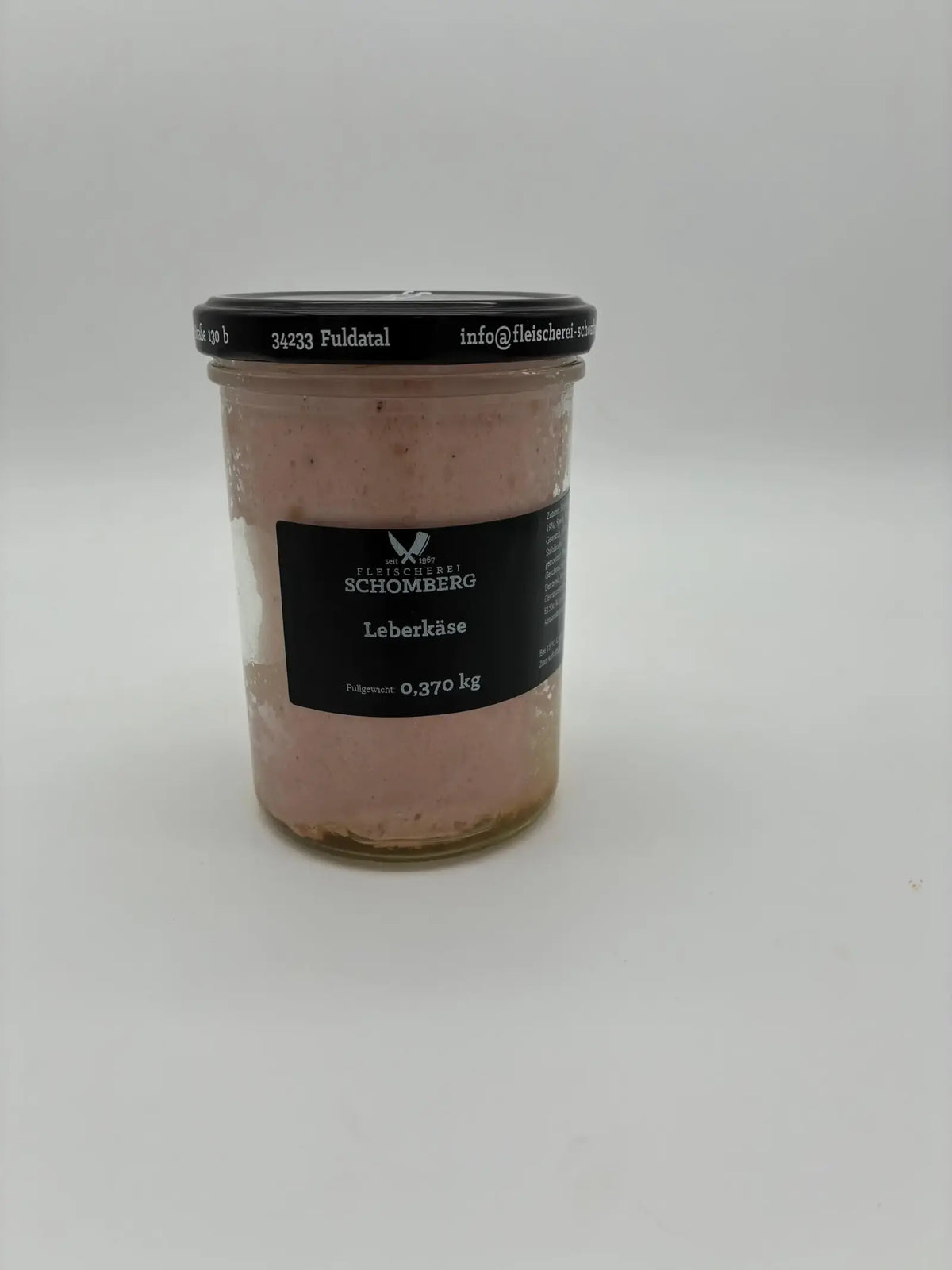 Feiner Leberkäse im Glas von Fleischerei Schomberg, 370 g, Produktfoto auf hellem Hintergrund