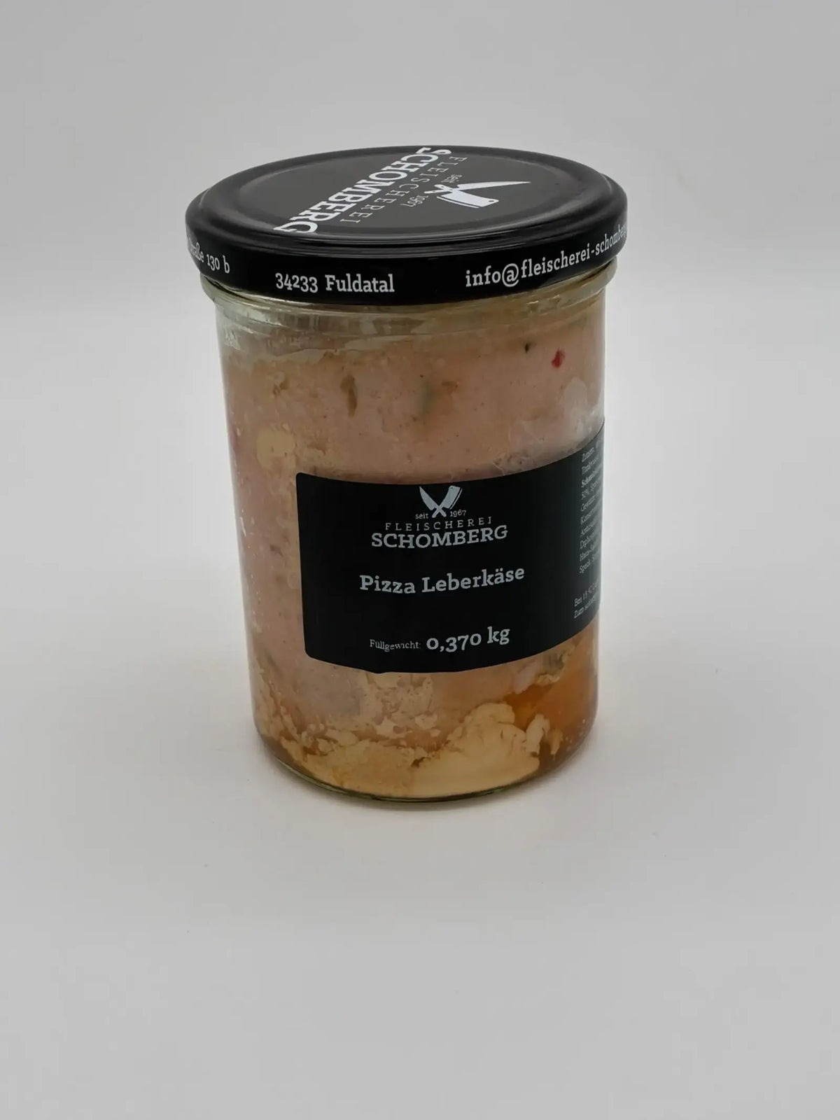 Pizza Leberkäse im Glas von Fleischerei Schomberg, 370 g, Produktfoto auf hellem Hintergrund