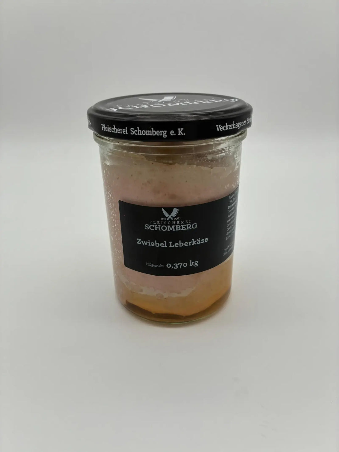 Zwiebel Leberkäse im Glas von Fleischerei Schomberg, 370 g, Produktfoto auf hellem Hintergrund