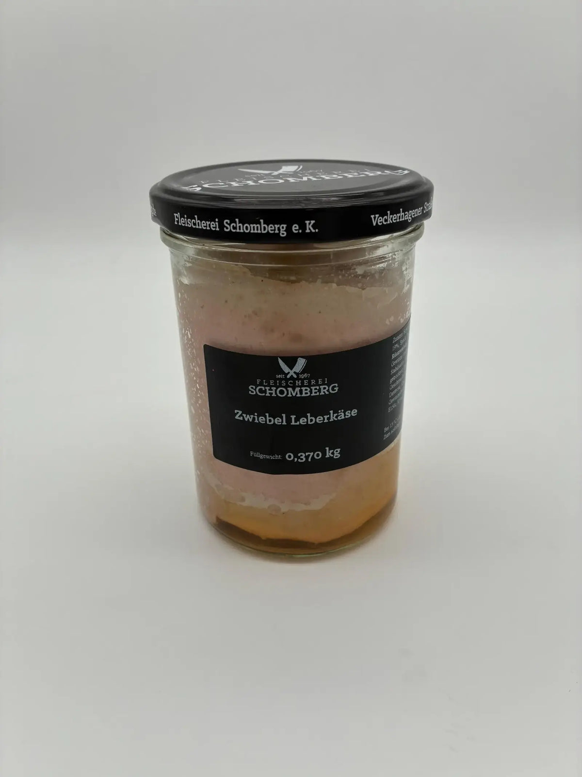 Zwiebel Leberkäse im Glas von Fleischerei Schomberg, 370 g, Produktfoto auf hellem Hintergrund