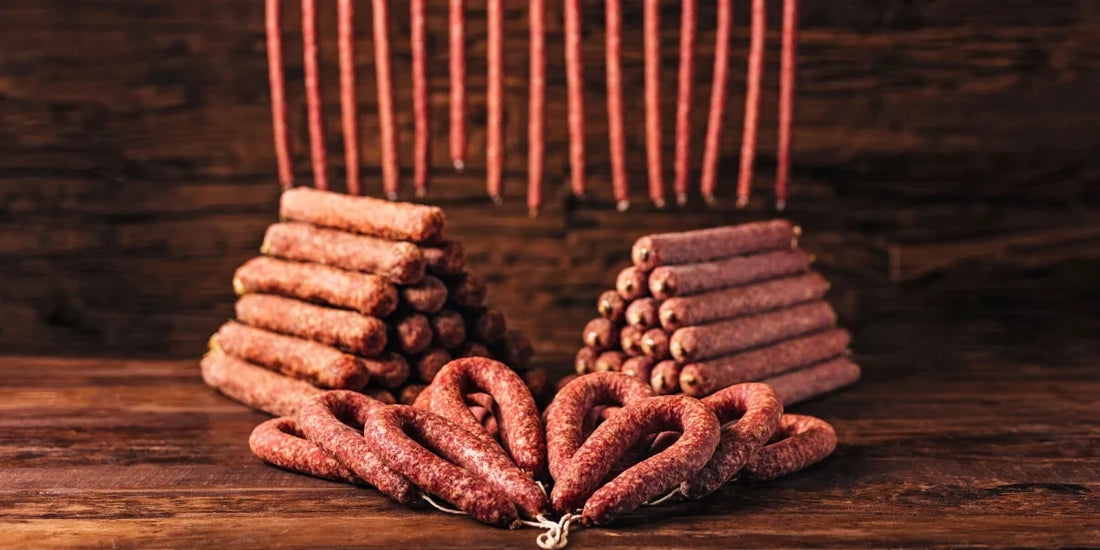 Ahle Wurst der Fleischerei Schomberg: gestapelte Stracken, Runde und hängende dünne Würste auf Holz