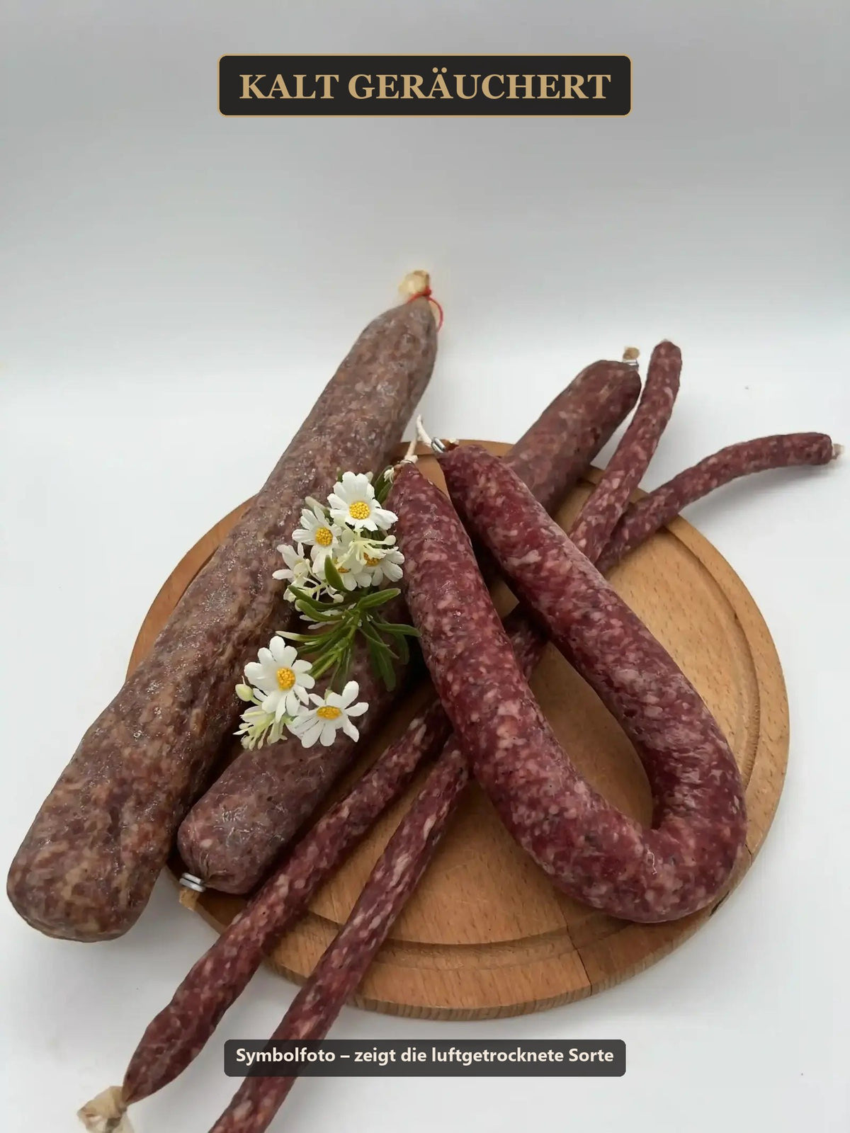 Ahle-Wurst-Probierpaket der Fleischerei Schomberg, gekennzeichnet als kalt geräuchert, Symbolfoto der luftgetrockneten Sorte