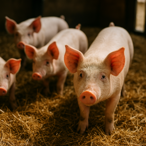 Glückliche Regionale Strohschweine liegen auf frischem Stroh im Stall