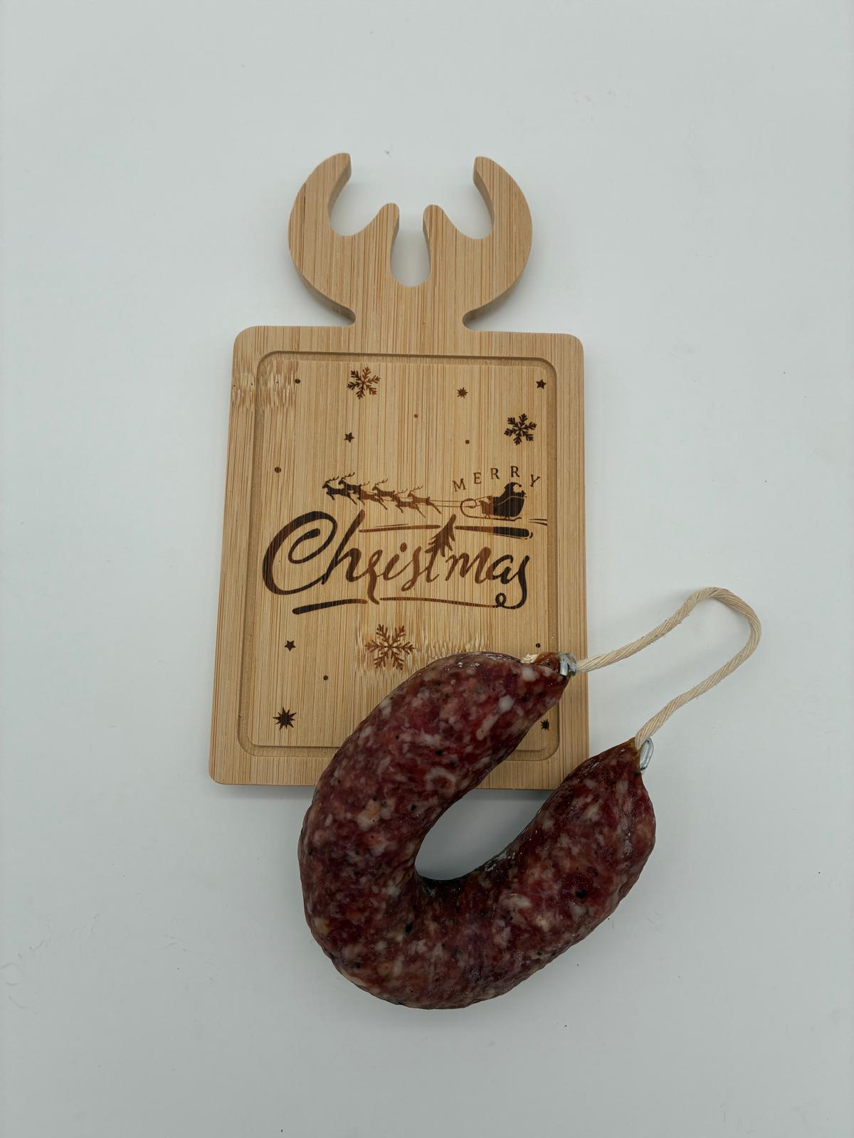 Bambus-Weihnachtsbrett mit kleiner Ahler Wurst im Ring