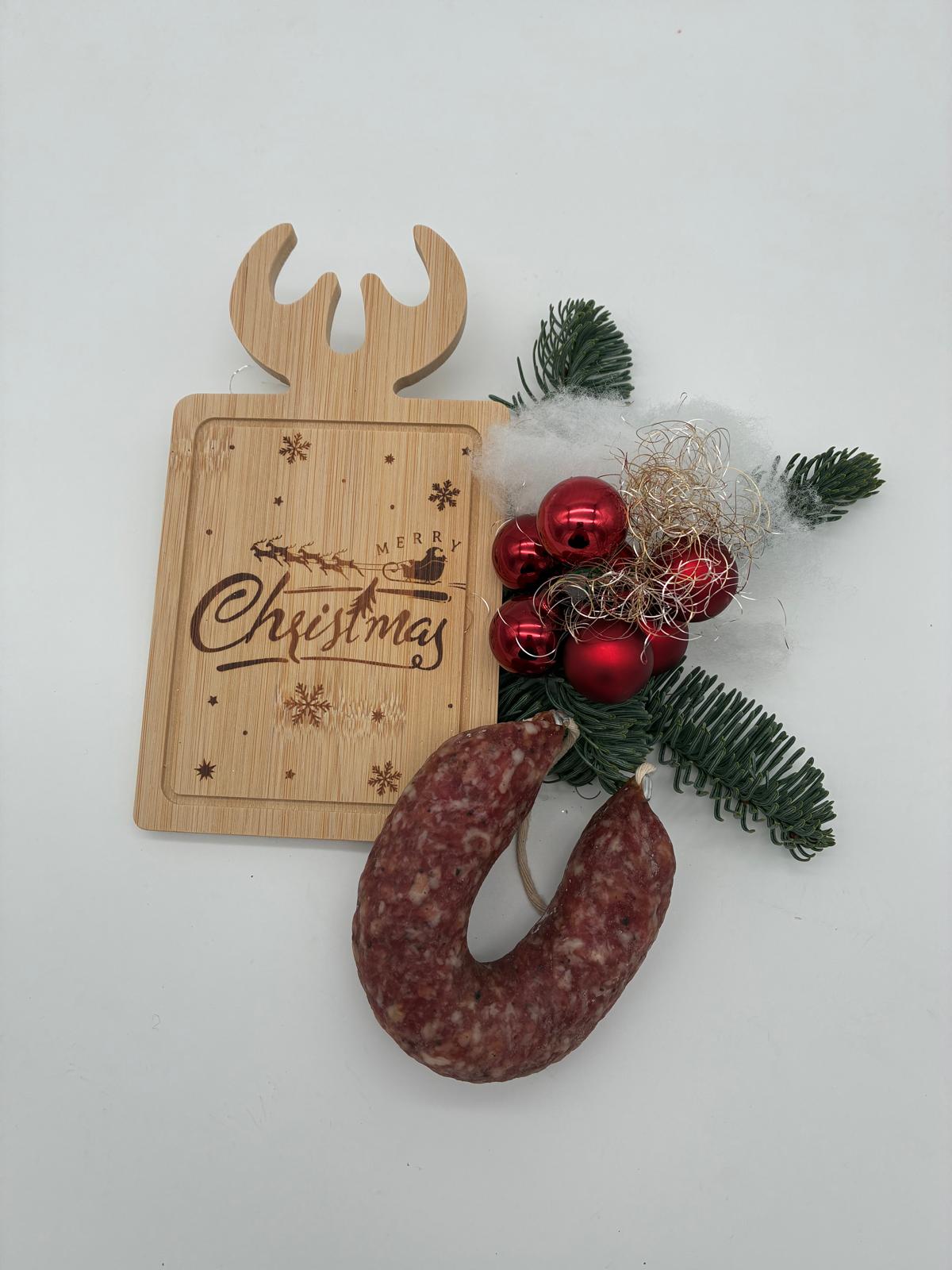 Weihnachtsbrett mit kleiner Ahler Wurst und Weihnachtsdeko – Geschenkset der Fleischerei Schomberg