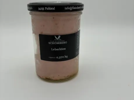 Feiner Leberkäse im Glas von Fleischerei Schomberg, 370 g, Produktfoto auf hellem Hintergrund
