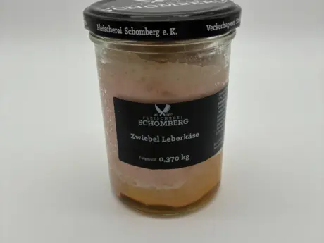 Zwiebel Leberkäse im Glas von Fleischerei Schomberg, 370 g, Produktfoto auf hellem Hintergrund
