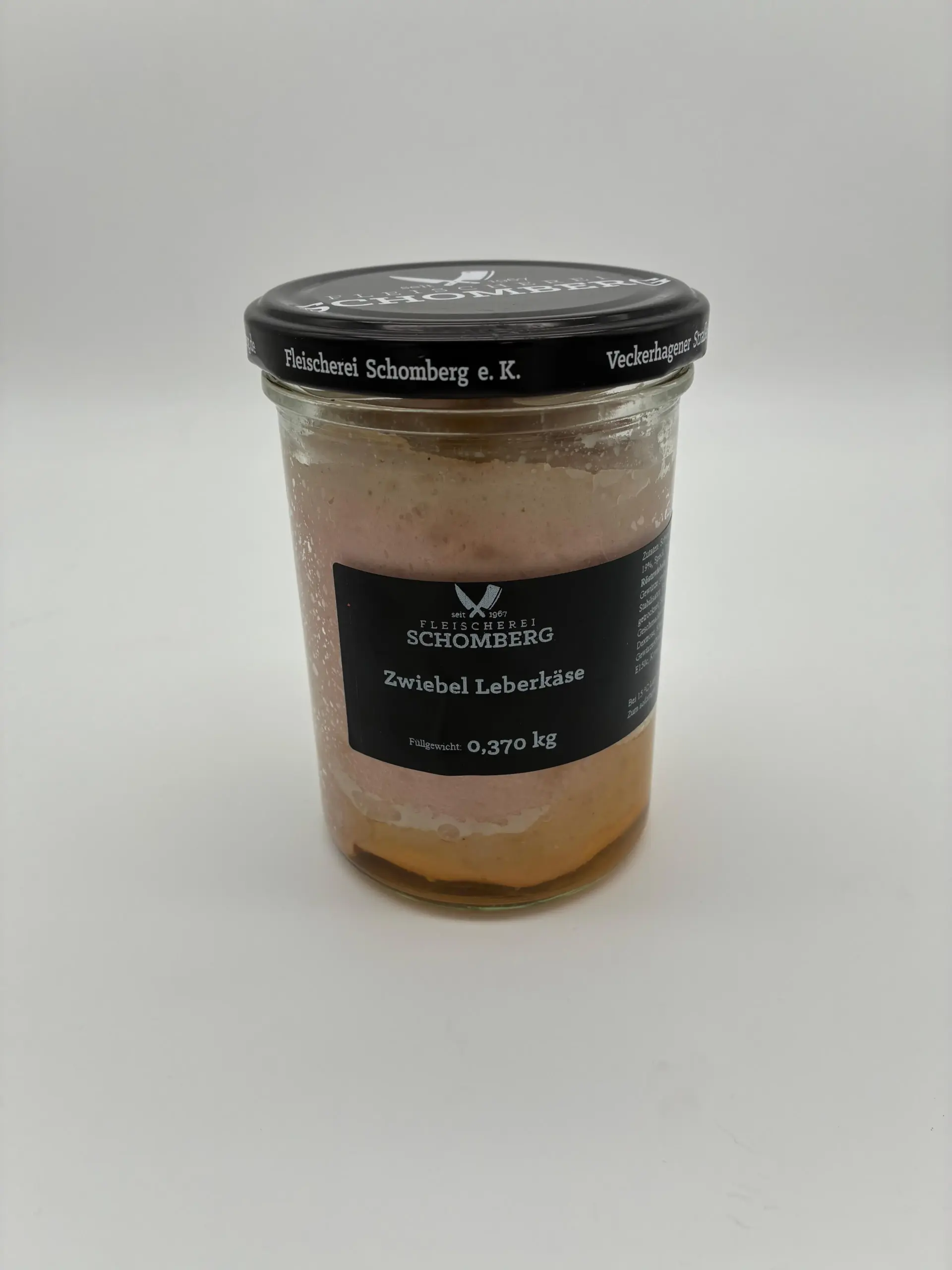 Zwiebel Leberkäse im Glas von Fleischerei Schomberg, 370 g, Produktfoto auf hellem Hintergrund